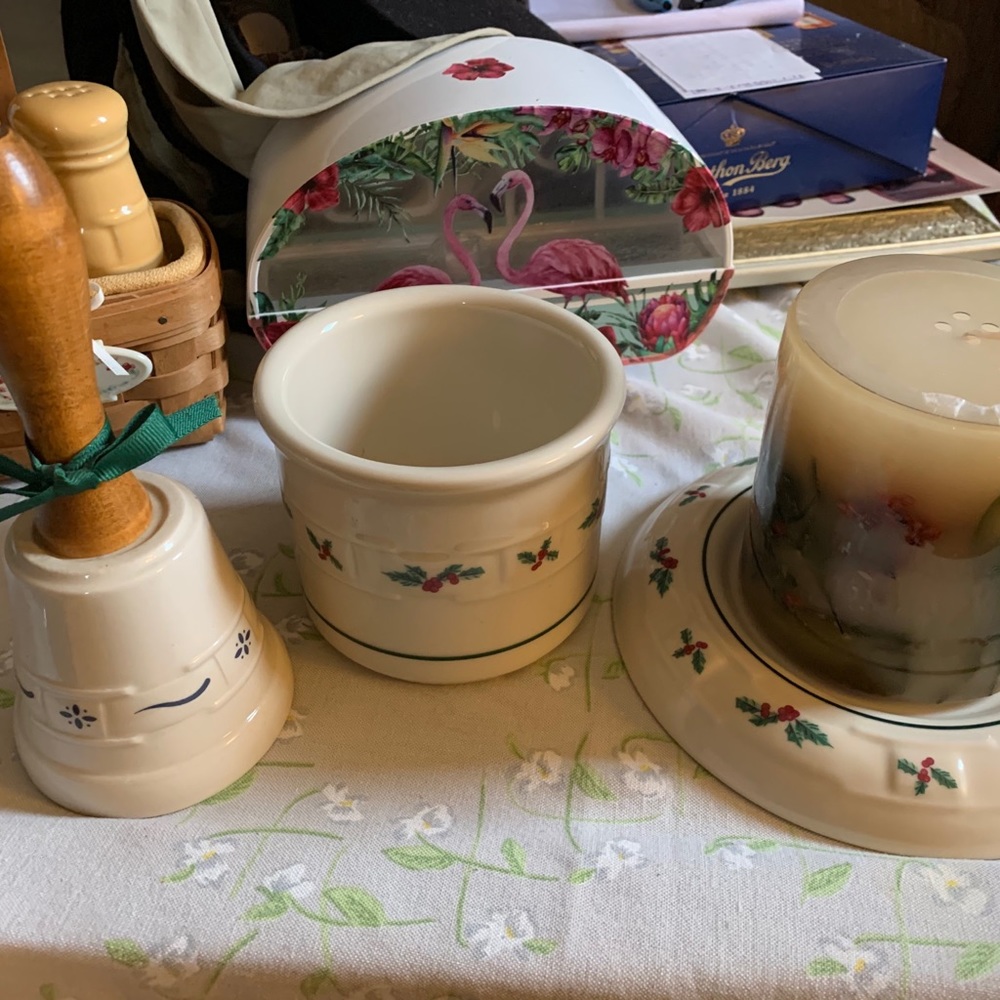 Longaberger Items: Candle, pillar, Crock & Bell